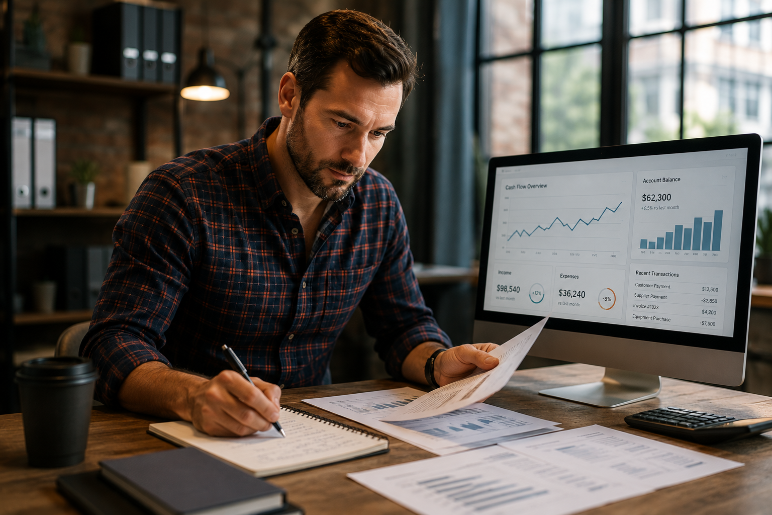 Business owner reviewing financial position