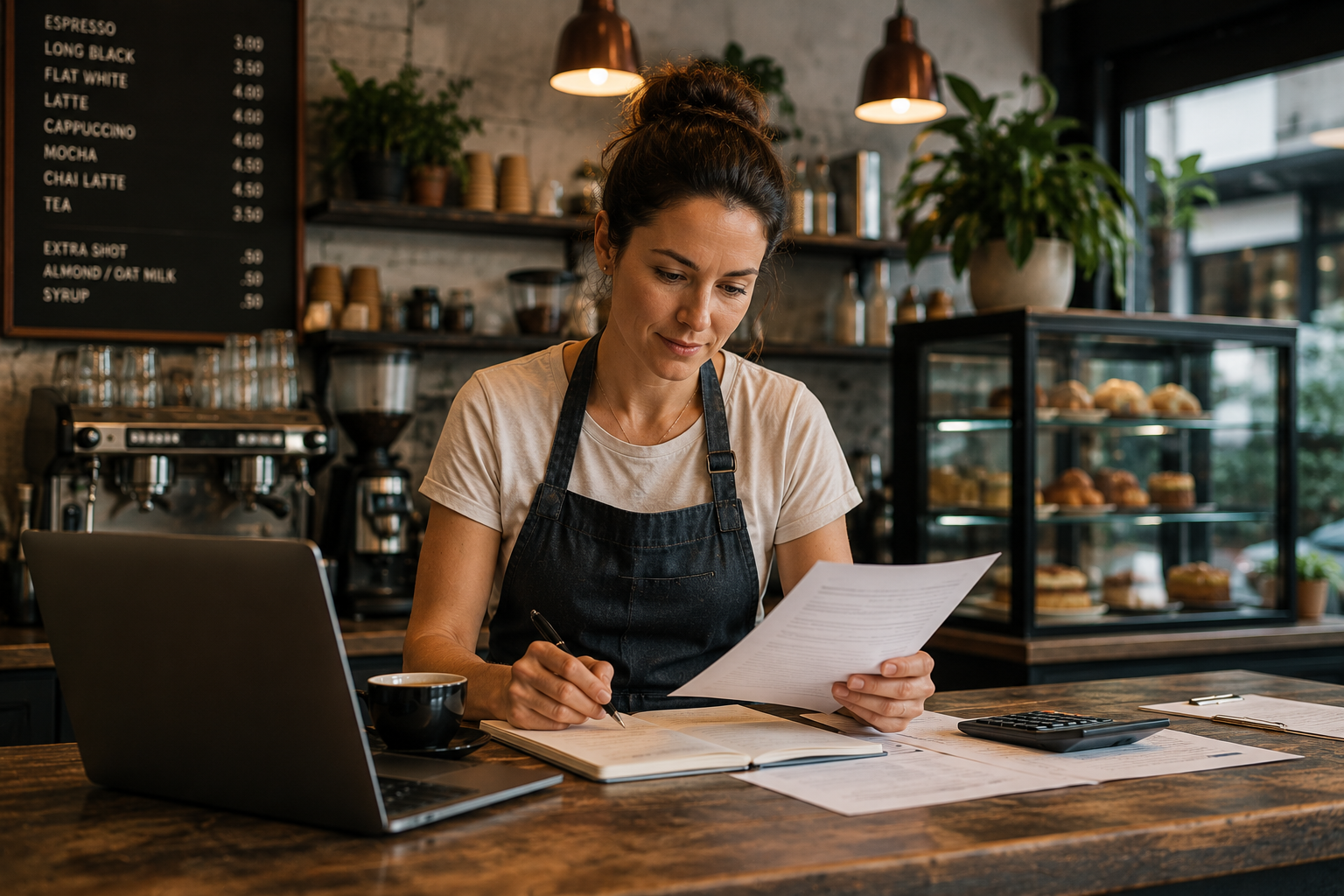 Café owner reviewing expansion documents