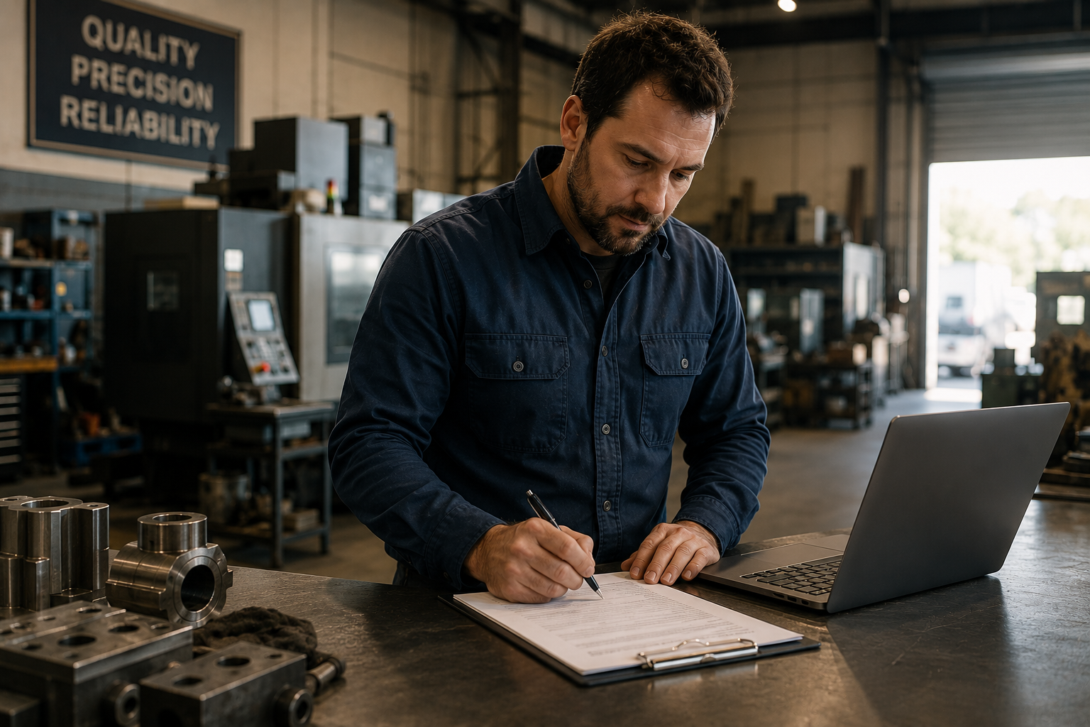 Manufacturing business owner signing finance agreement