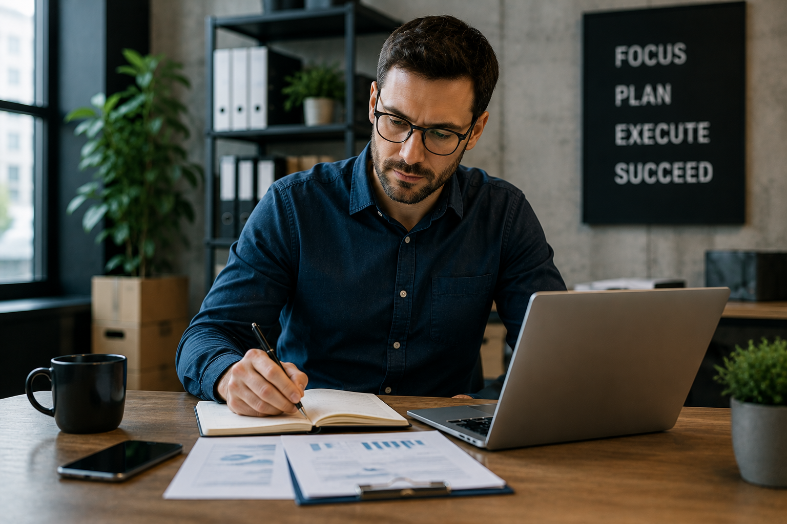 Established business owner reviewing plans